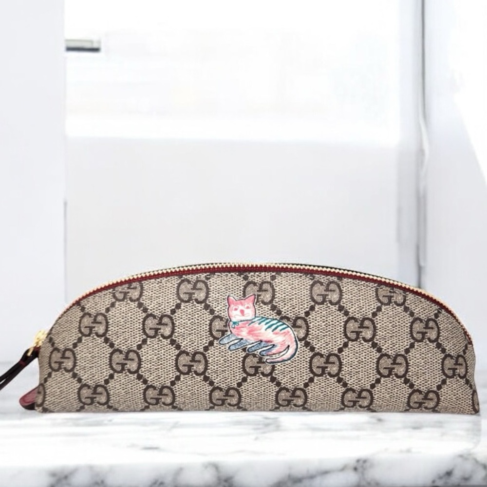 Gucci GG Supreme Canvas Cat Print Pouch Cosmetic Bag Monogram Brown Full Set - Picture 2 of 9